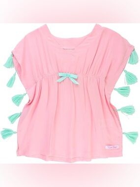 RuffleButts Girls Kaftan Cover-Up 🌸 Pom Pom Tassel Swim Top 6/7
